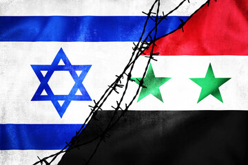Grunge flags of Israel and Syria divided by barb wire illustration