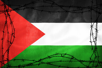 Grunge 3D illustration of Palestine flag girded by barb wire