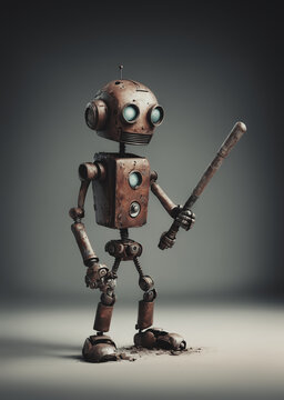 illustrazione di vecchio robot giocattolo in latta che impugna una mazza da baseball