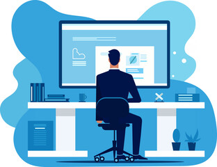 Flat vector illustration of a man working at a computer in blue tones. Minimalistic, simple style