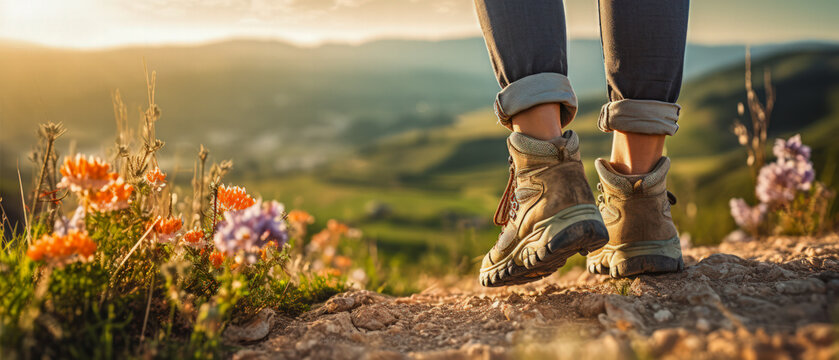 hiker legs in trekking boots on the top of the hill. Copy space