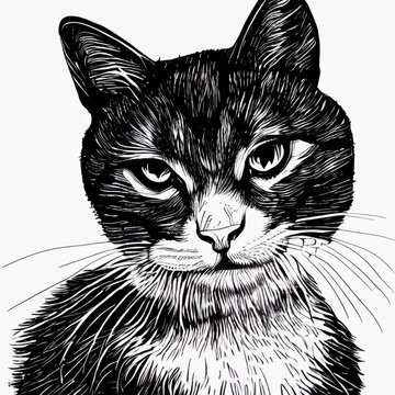 Black and White Cat With Head Tilt Illustration, Cat Posing For Picture, Cat Head Tilted To The Left