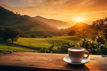 Fresh coffee cup outdoor in front of beautiful nature sunrise. Generative AI.