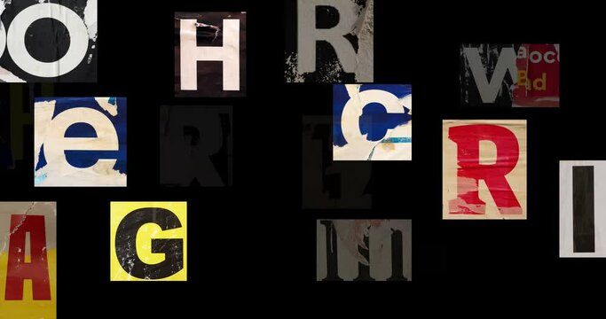 Old colorful posters ripped torn crumpled paper abstract grunge texture wall backdrop placard surface, seamless loop collage urban street posters slideshow background of alphabet letters