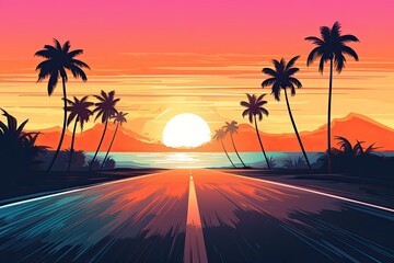 tropical summer paradise road at sunset illustration