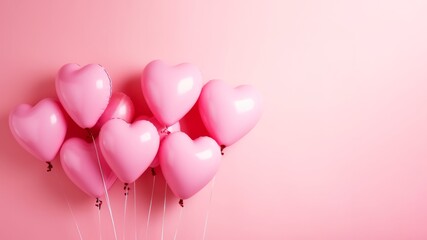 Pink heart shaped helium balloons on a pink background with a place for text. AI generative