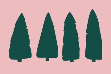 A set of four vector dark green monochrome fir trees. Isolated vector elements on a pink background. Stylized decorative silhouettes of coniferous trees, elements of architectural surroundings.