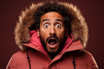 Dark haired man with surprised facial expression wearing a red furry hooded jacket - Powered by Adobe