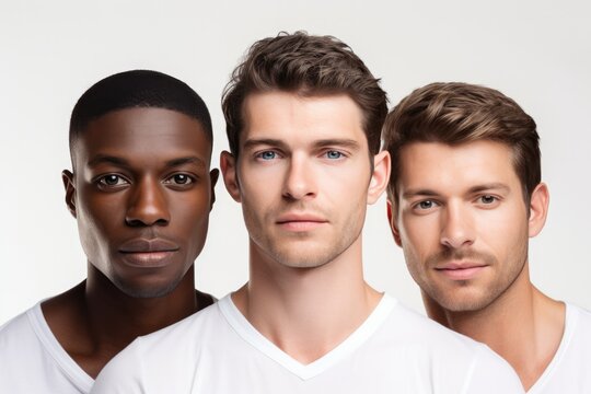 Portrait of three handsome men with unique skin tones on white background. Skincare and diversity concept.