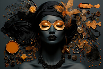 Stylish black and gold wallpaper with a model surrounded by fashion accessories