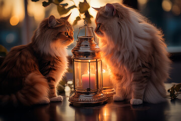 Two beautiful cats looking into each other's eyes in front of a lantern with a candle