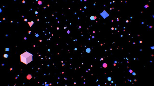 Millions Of Retro Neon Glow Simple Geometric Shapes Flying At Camera - 4K Seamless VJ Loop Motion Background Animation