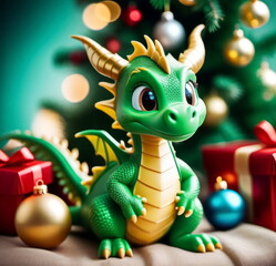 Funny green dragon, symbol of 2024 according to the eastern calendar. New Year card