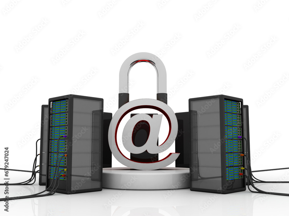 Poster 3d illustration data center server with e mail lock