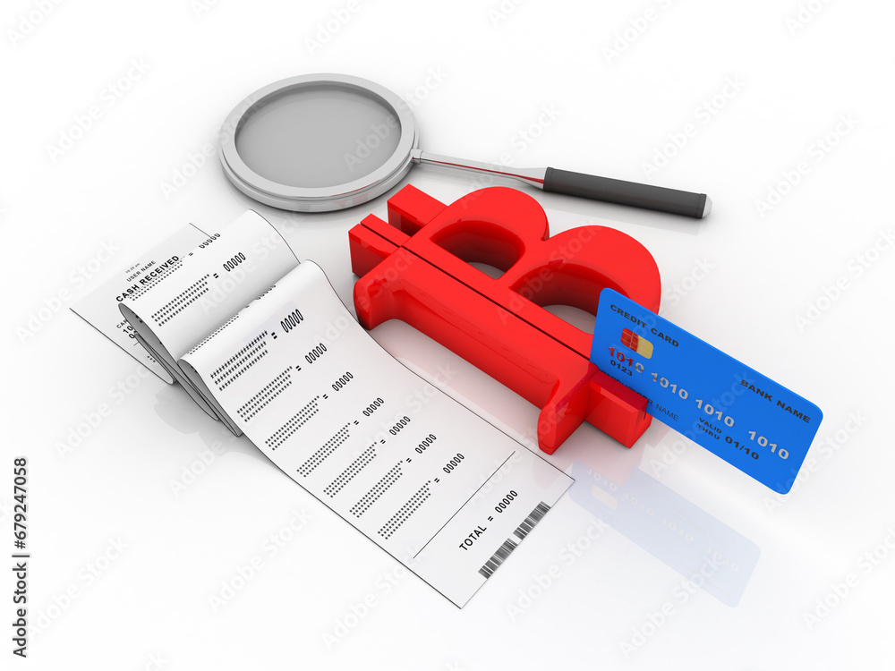 Poster 3d rendering debit card swiping bitcoin with lens