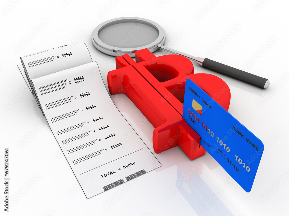 Poster 3d rendering debit card swiping bitcoin with lens