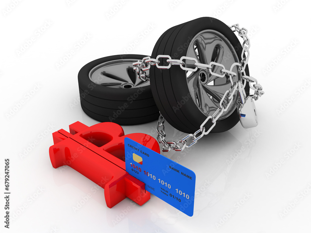 Poster 3d rendering debit card swiping bitcoin with car wheel protected lock