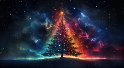 Magical Christmas Tree with Colorful Nebula Background - obrazy, fototapety, plakaty