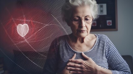 An elderly woman appears distressed, clutching her chest in discomfort, symbolizing the pain and health risks associated with high blood pressure or hypertension. - obrazy, fototapety, plakaty