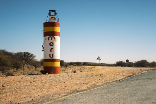 Meru Oil Company sign at a former gas station along the C35 highway in Kamanjab, Kunene Region, Namibia.