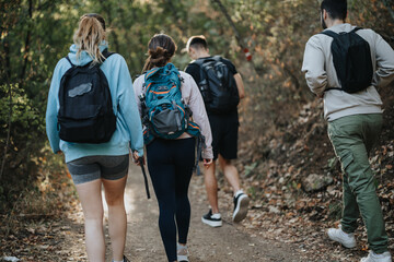 Weekend Adventure. Friends Hiking in the Autumn Wilderness