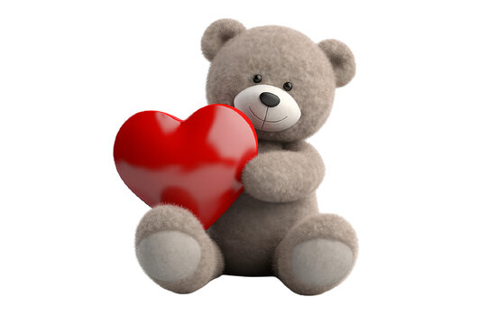 Valentine's Day: Cute Smiling Teddy Bear Holding a Red Heart, Isolated on a White Background, Evoking Warmth and Affection in a Sweet Valentine's Display