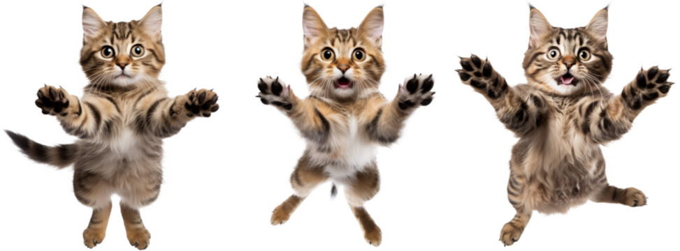 collection of happy playful cat jumping in air. cheerful cats playing isolated on transparent background