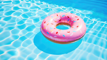 swimming inflatable ring in the pool, donut, summer, hotel, vacation, weekend, blue clear water, resort, aqua, lifestyle, party, park, beauty, sun, bright light, pink, fun, rubber toy - obrazy, fototapety, plakaty