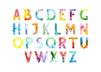 Hand drawn watercolor multicolored alphabet font illustration. Suitable for print, postcard, sketchbook cover, poster, stickers, your design.	