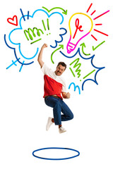 Contemporary art collage. Man, entrepreneur jumping of joy because he successfully realized new...