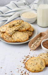 Healthy cookies with the addition of flax seeds and sesame seeds in a plate.