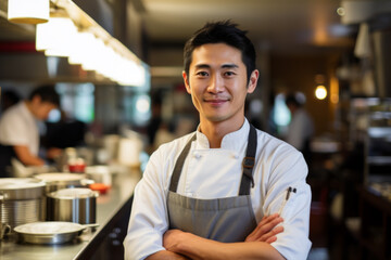 Portrait of confident Asian chef standing with arms crossed and looking at camera