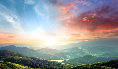 Panorama of the sunrise in the mountains
