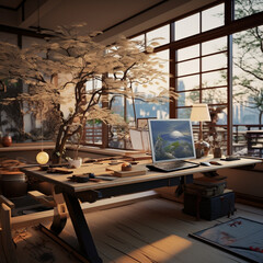 Japanese modern interior style, workspace plan. AI generative