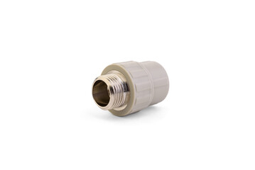 Coupling fitting for PVC pipes on white background.