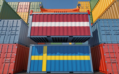 Cargo containers with Sweden and Latvia national flags. 3D Rendering  - 679248436