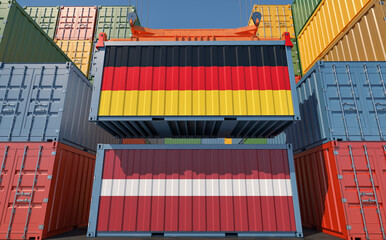 Cargo containers with Germany and Latvia national flags. 3D Rendering 