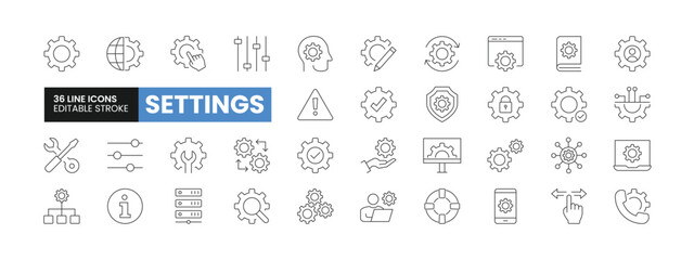 Set of 36 Settings or Setup line icons set. Settings or Setup outline icons with editable stroke collection. Includes Cogwheel, Web Development, Security, Customization, Preferences, and More.