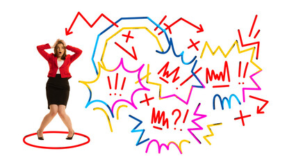 Contemporary art collage. Confused, treeified woman cant understand new strategy of business project development. Modern colorful abstract scribble drawings.