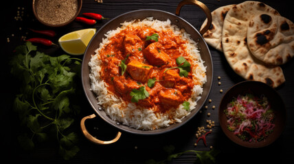 Chicken tikka masala spicy curry meat food with rice and naan bread