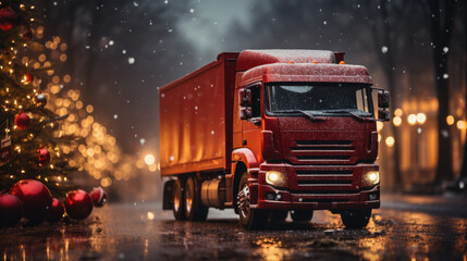 Festive Christmas truck in city - obrazy, fototapety, plakaty