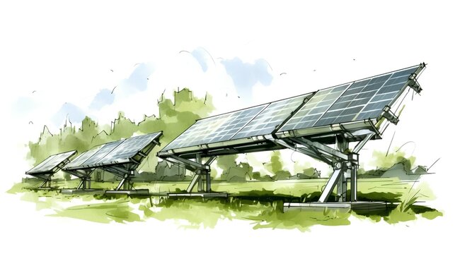 A conceptual illustration of a large scale solar panel farm project, with rows of photovoltaic panels spread across an open field, depicted as an project sketch.