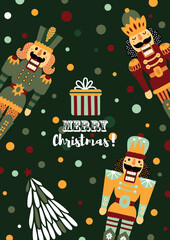 Colorful Christmas vector poster with Nutcracker.  Cute illustration.