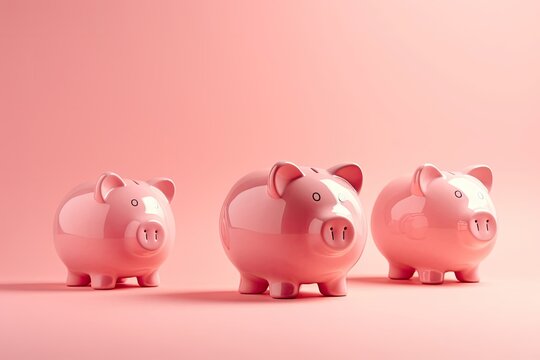 Three Pink Piggy Banks in a Row Representing Wealth and Finance Generative AI