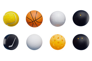 Collection of 3D icons of sports balls, pickleball tennis basketball hockey volleyball squash golf.3D rendering