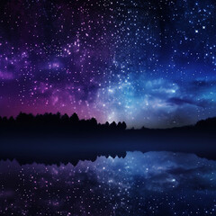 Fondo con detalle de paisaje nocturno con cielo estrellado y reflejos sobre agua