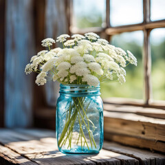 A bouquet of white Queen Anne's Lace bouquet in a turquoise mason jar by a farmhouse window in sunshine  - obrazy, fototapety, plakaty