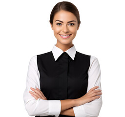a portrait of arms crossed young waitress showing pride in his profession or job isolated on a transparent background, a professional female waiter with a uniform photo PNG