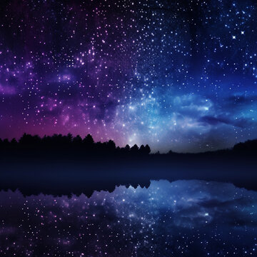 Fondo con detalle de paisaje nocturno con cielo estrellado y reflejos sobre agua