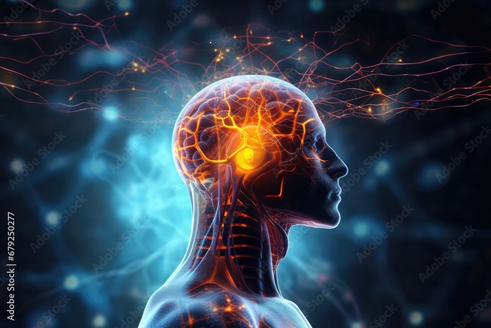 Poster exploring artificial intelligence through a man's glowing brain generative ai